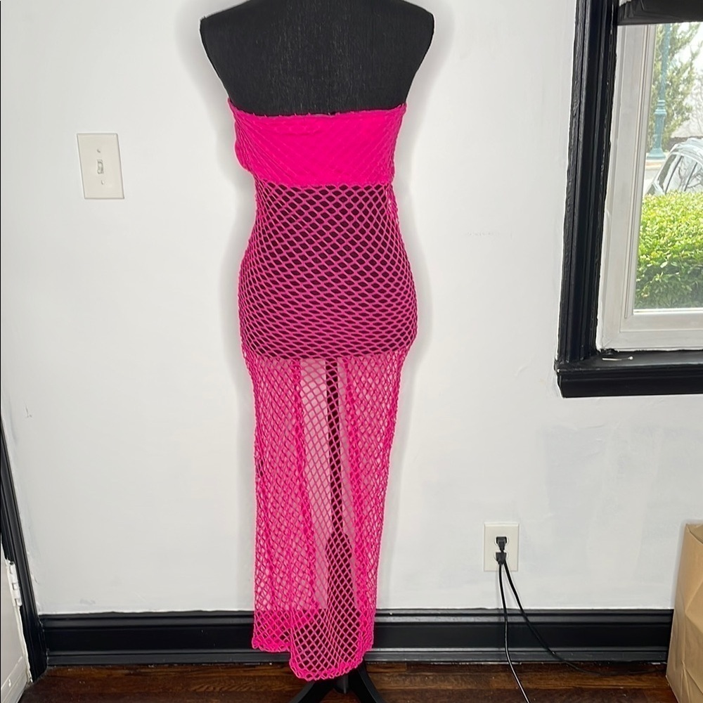 Vibrant Pink Mesh Open Front Swim Cover-Up Dress - Picture 3 of 9